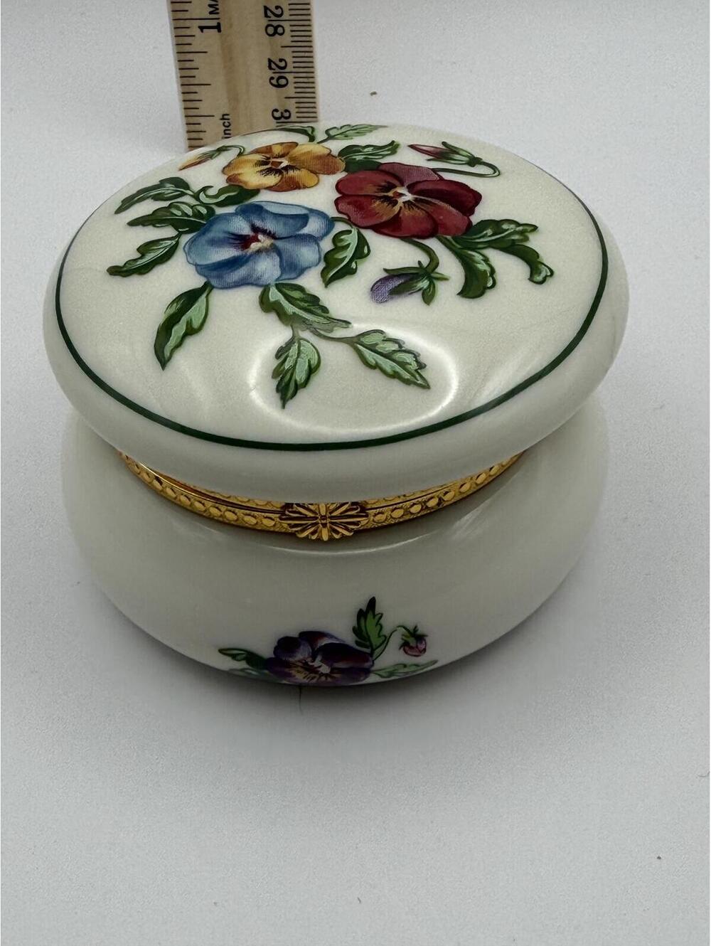 Partylite Floral Porcelain Trinket Box Jewelry Box Gold Tone Hinged Lid